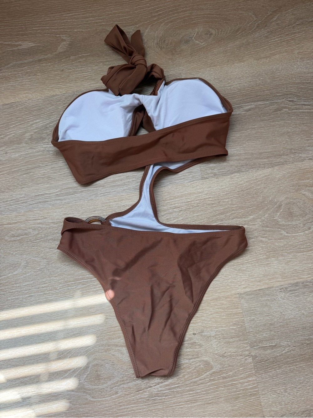 SHEIN Brown One-Piece Swimsuit with Cutout & Ring Detail